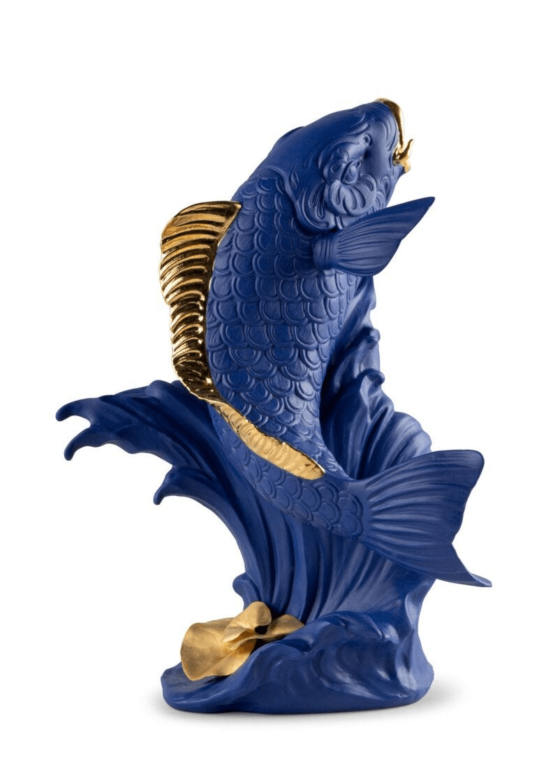Lladró - Koi Sculpture - Blue-Gold - Limited Edition, porcelain piece, vibrant blue and gold koi design.