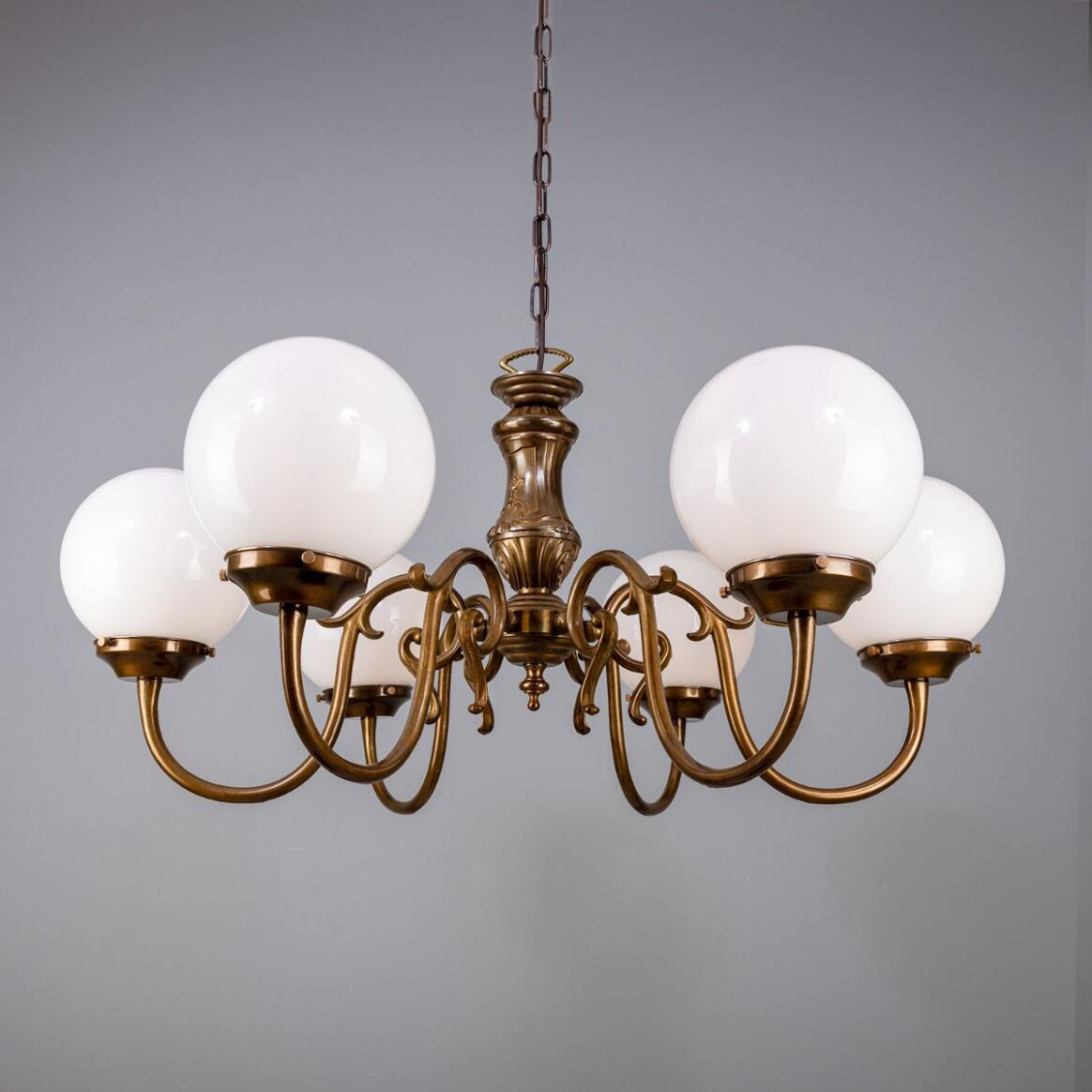 Mullan Carnew Traditional Chandelier with Opal Glass Globes Six-Arm - Antique Brass Finish