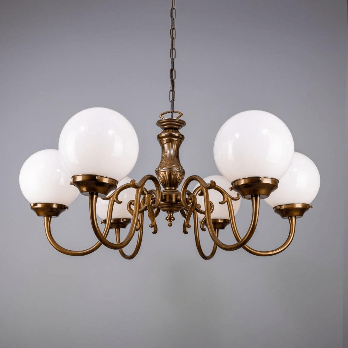 Mullan Carnew Traditional Chandelier with Opal Glass Globes Six-Arm - Antique Brass Finish