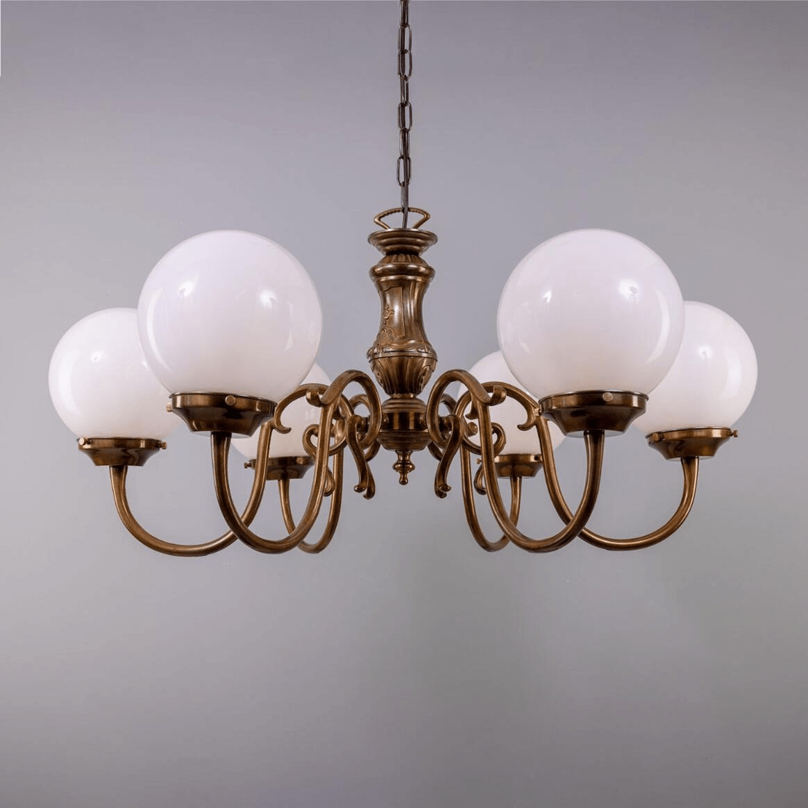 Mullan Carnew Traditional Chandelier with Opal Glass Globes Six-Arm - Antique Brass Finish