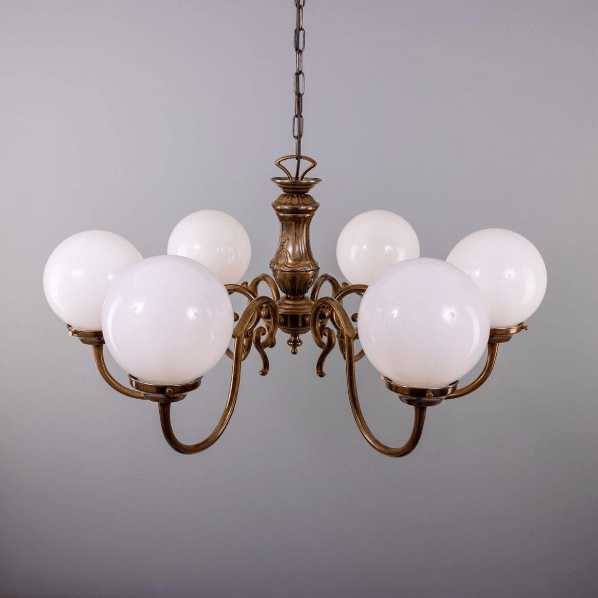 Mullan Carnew Traditional Chandelier with Opal Glass Globes Six-Arm - Antique Brass Finish