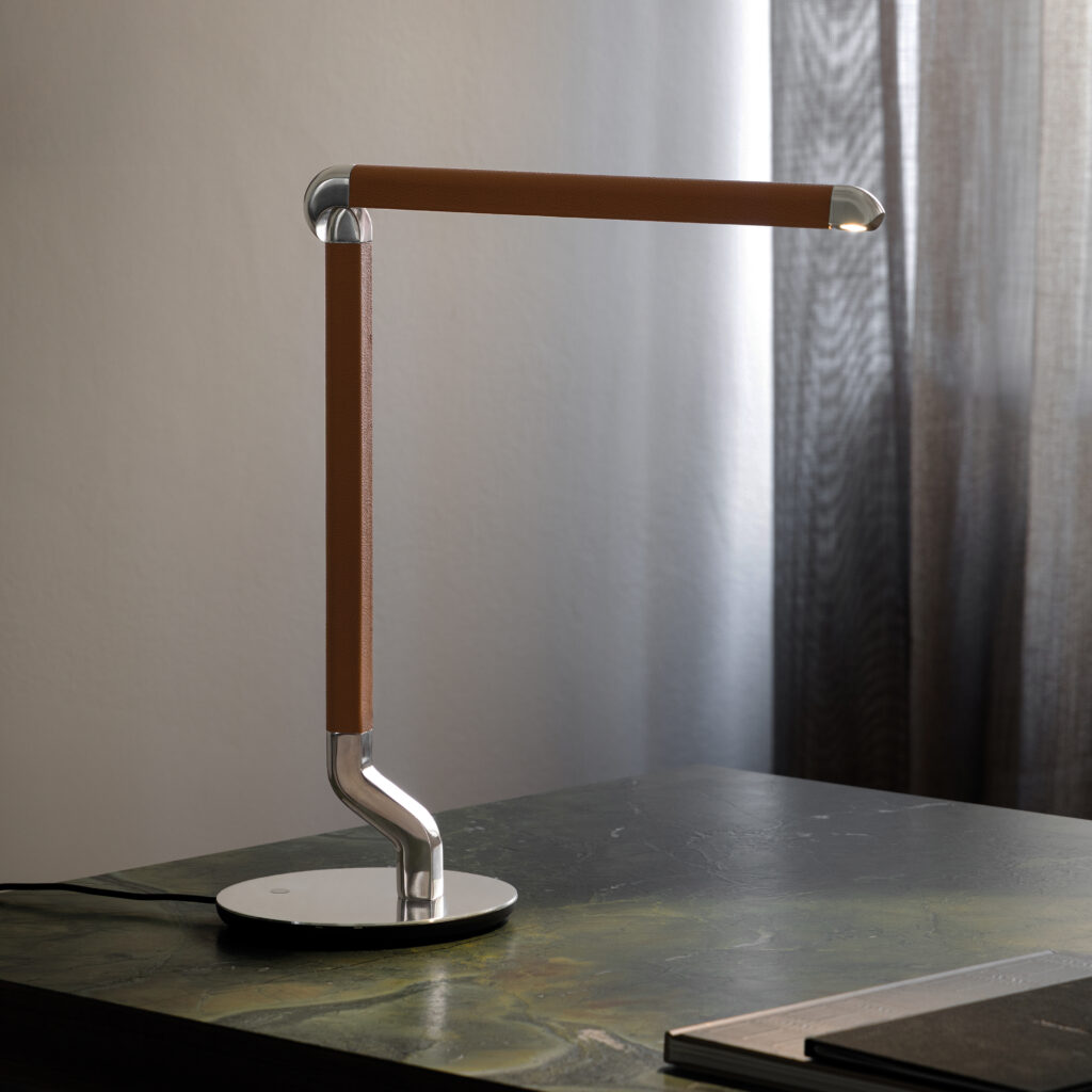 Contardi Picchio Table Light - Polished Alluminium With Cognac Leather Frame