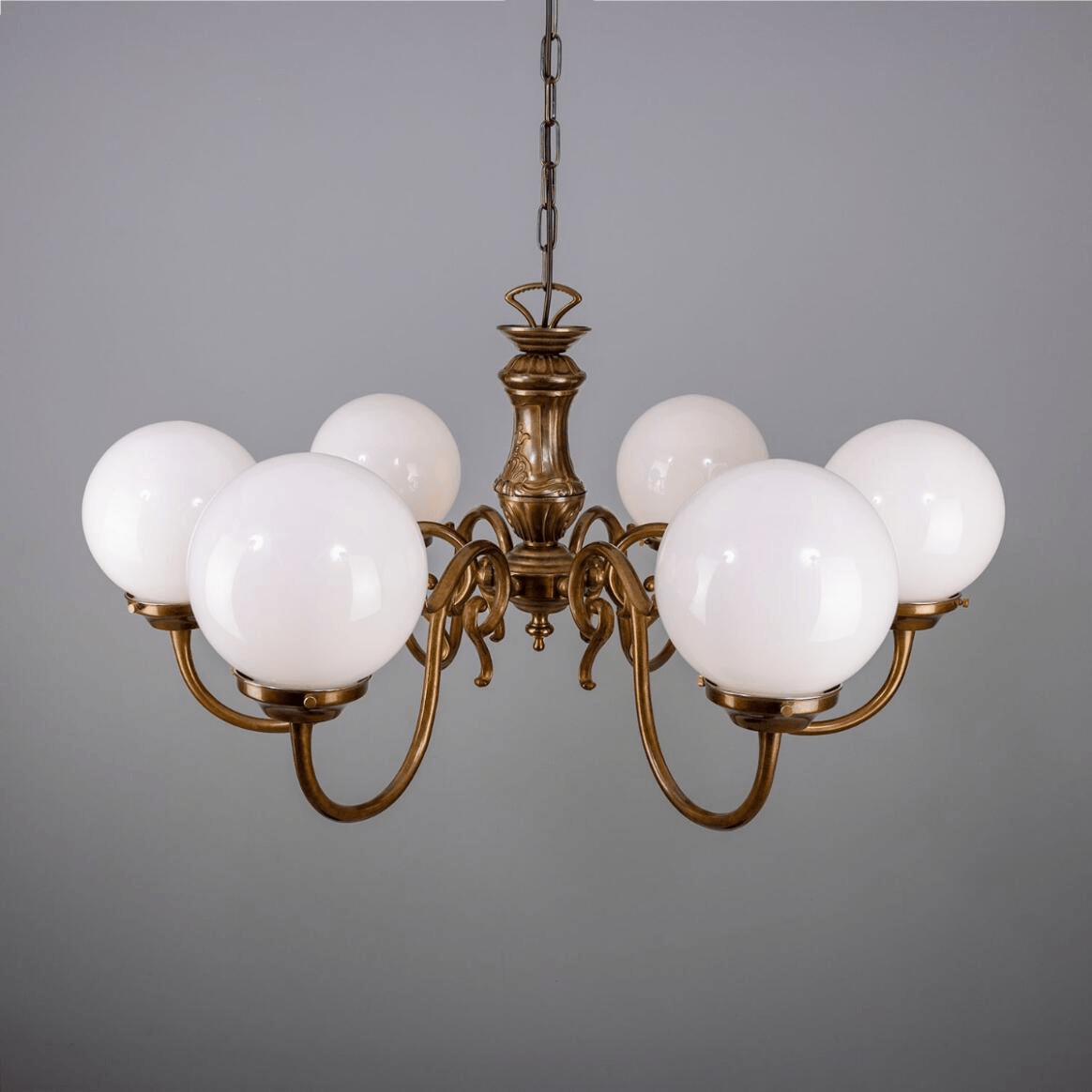 Mullan Carnew Traditional Chandelier with Opal Glass Globes Six-Arm - Antique Brass Finish