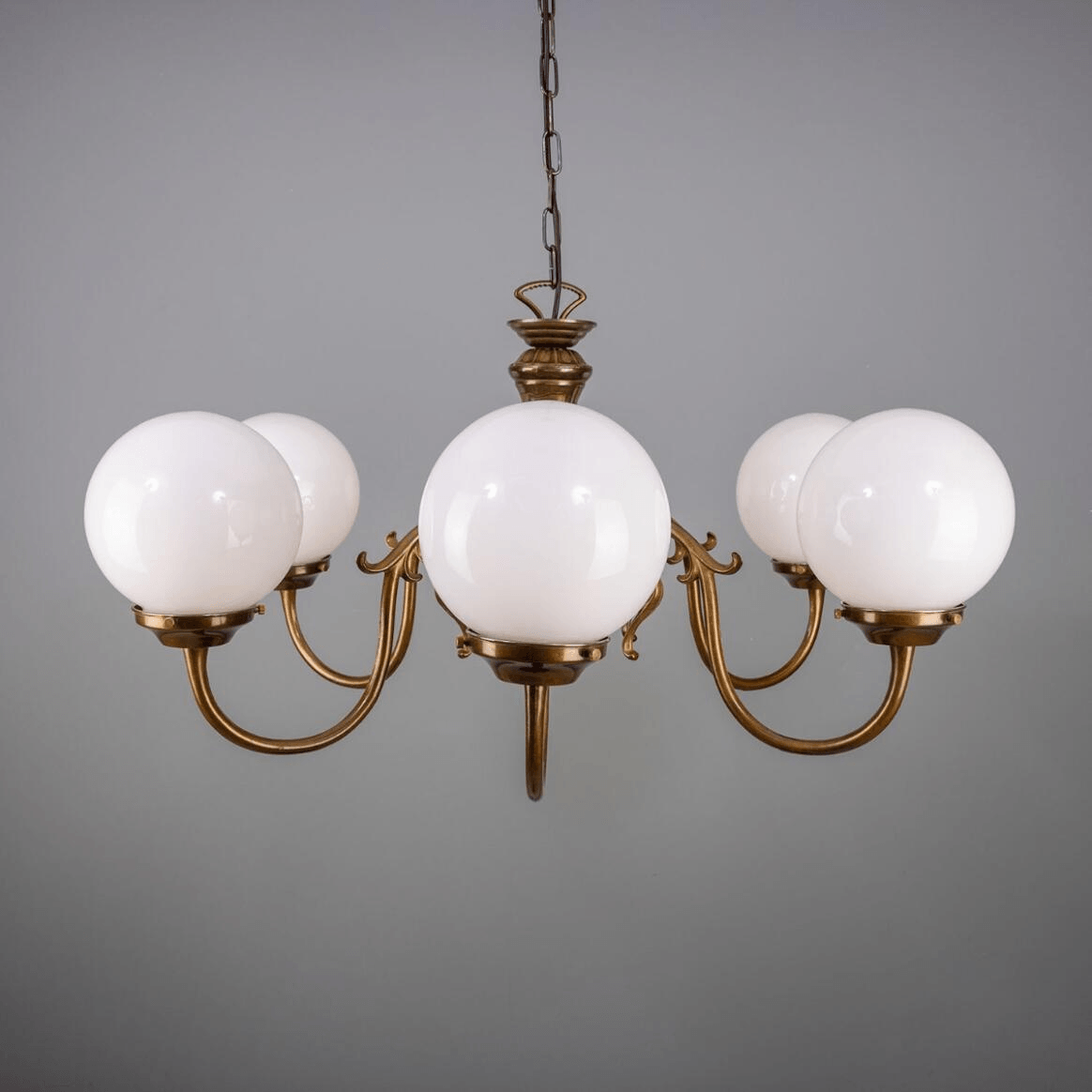 Mullan Carnew Traditional Chandelier with Opal Glass Globes Six-Arm - Antique Brass Finish
