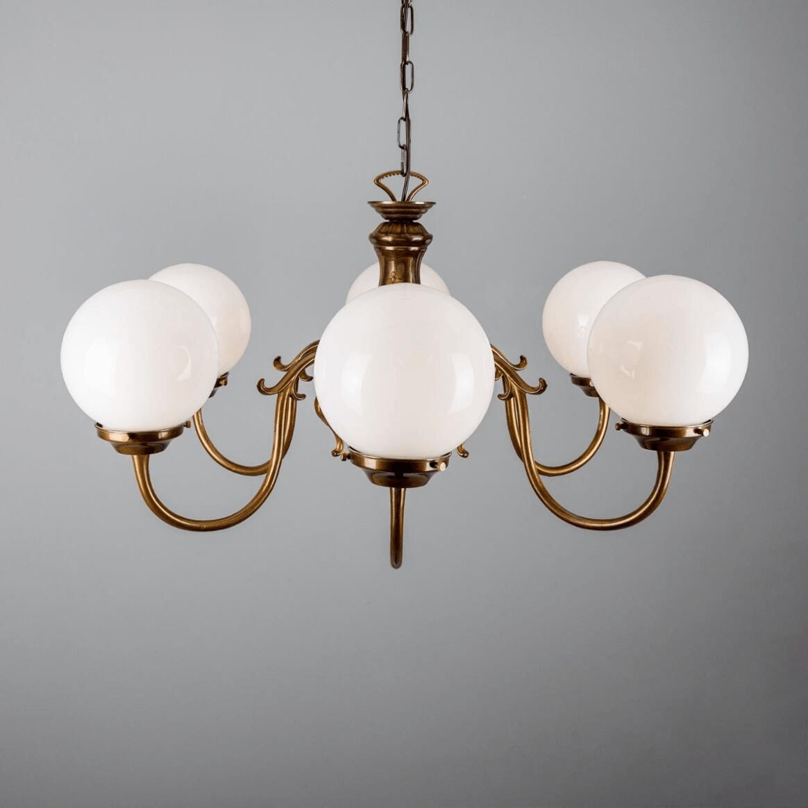 Mullan Carnew Traditional Chandelier with Opal Glass Globes Six-Arm - Antique Brass Finish