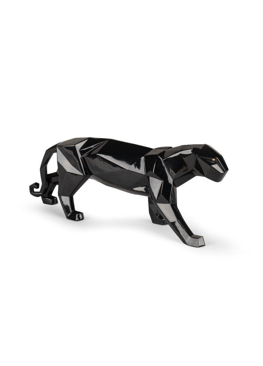 Lladró - Panther Sculpture - Glazed Black, elegant black porcelain panther sculpture from the Origami collection.