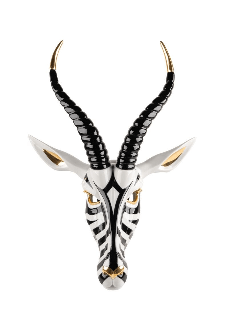 Lladró - Antelope Mask - Black and Gold, porcelain wall decoration with black and gold accents.
