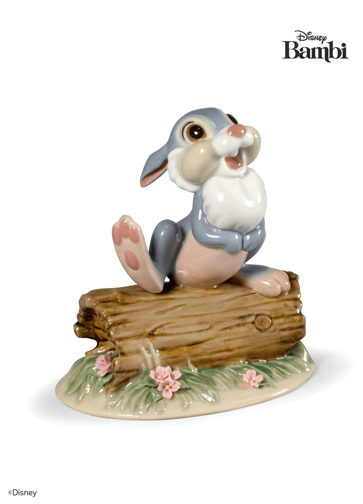 Lladró - Thumper Figurine showcasing a joyous rabbit on a log, handcrafted porcelain collectible, ideal for Disney fans.