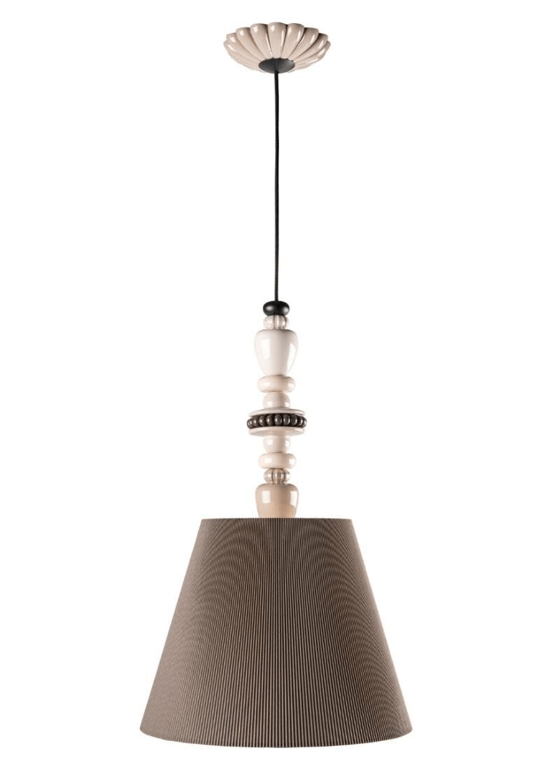 Lladró - Firefly Pendant Light - Pearly with porcelain elements and a fabric lampshade in neutral colors.