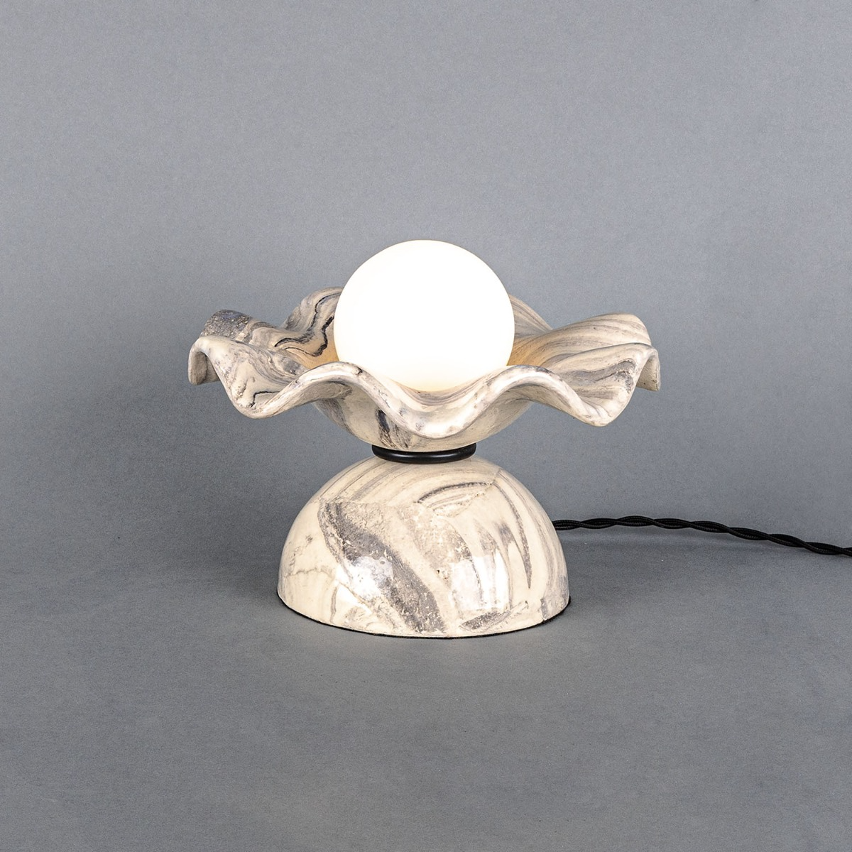 Mullan Rivale Table Lamp with Wavy Marbled Ceramic Shade - Powder Coated Matte Black Finish