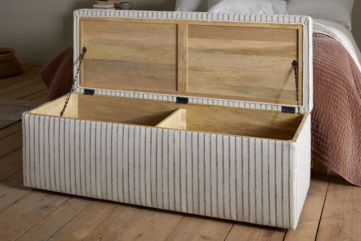 Nkuku - Sanja Stripe Cotton & Linen Upholstered Storage Bench - Grey