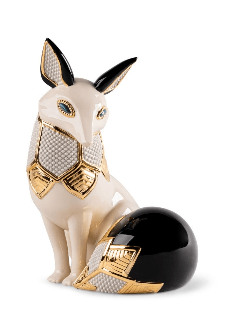 Lladró - Fox Jewel Sculpture, elegant porcelain fox with art deco design and gold accents.