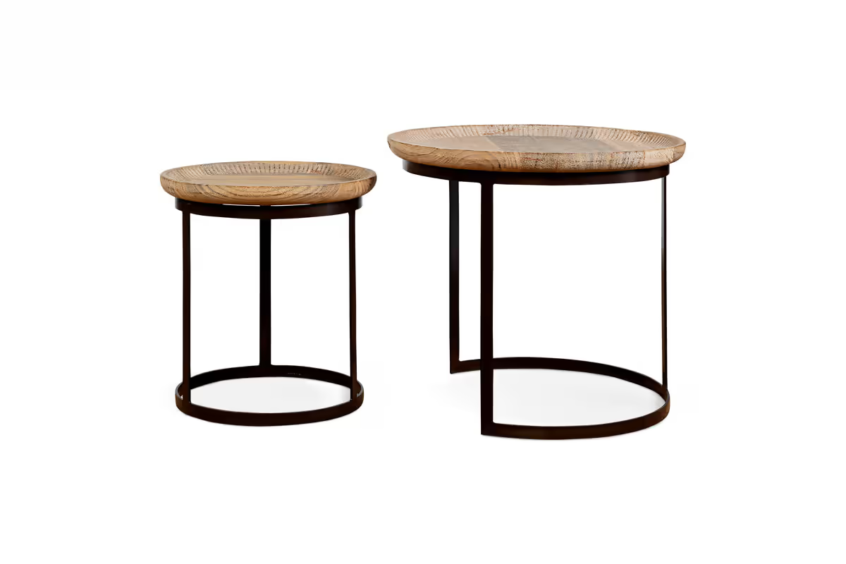 Nkuku - Nisha Carved Reclaimed Wood & Iron Nesting Side Tables - Natural