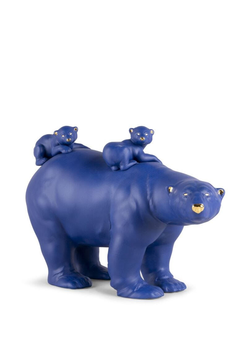 Lladró - Mummy Bear and Babies ( Blue-Gold ) Sculpture - Limited Edition