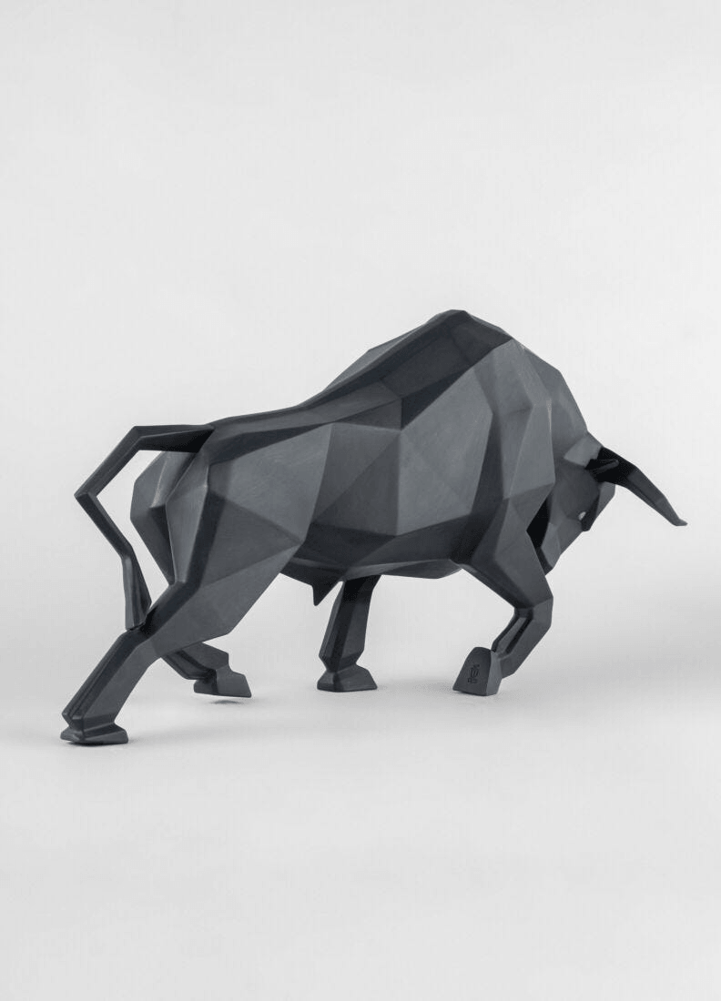 Lladró - Bull Sculpture - Black matte handcrafted porcelain geometric artwork in striking black finish.