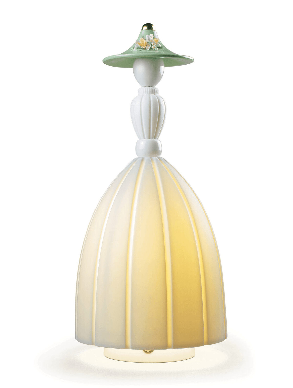 Lladró - Mademoiselle Table Lamp - Daniela: A unique Lladro Porcelain lamp featuring a glowing dress and floral hat.