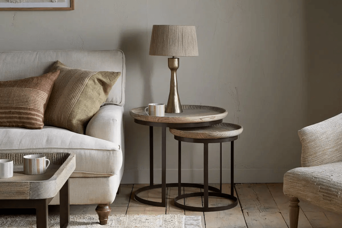 Nkuku - Nisha Carved Reclaimed Wood & Iron Nesting Side Tables - Natural