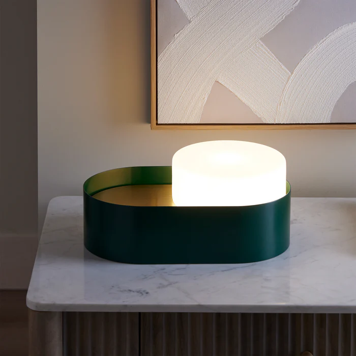 Northern Light - Windermere Opal Table Lamp - Green Brushed Brass Finish - Matt Opal Glass Drum 180mm Shade