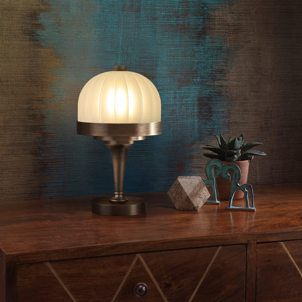 Northern Light - Mayer Rechargeable Table Lamp - Old English Brass Dark Finish - Frosted Reeded Glass Dome Shade