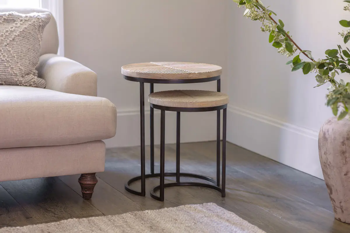 Nkuku - Aasha Carved Mango Wood & Iron Nesting Side Tables - Natural - (Set of 2)