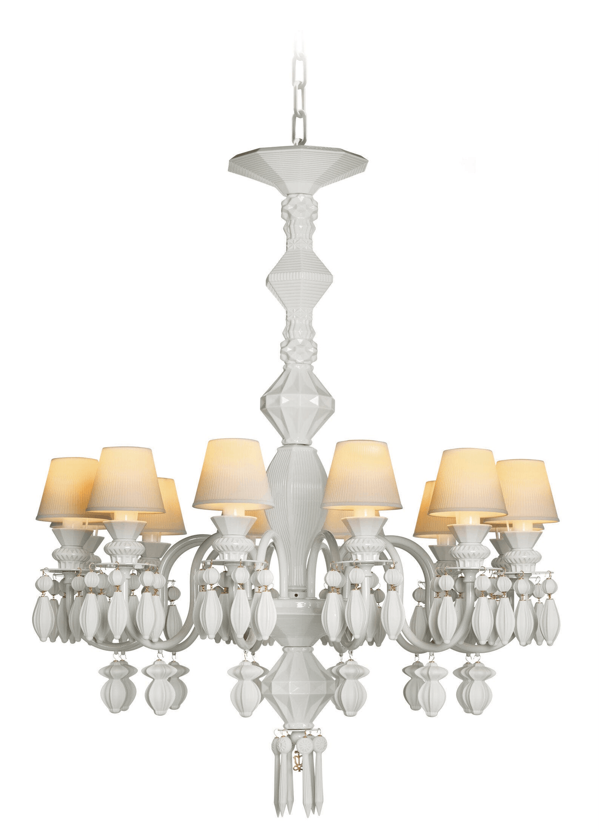 Lladró - Belle de Nuit 12 Lights Chandelier - White, elegant porcelain chandelier with soft beige lampshades.