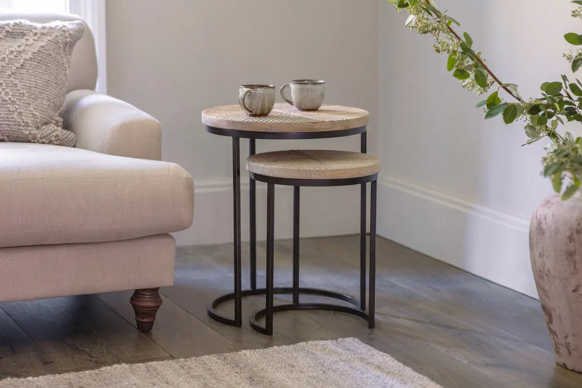 Nkuku - Aasha Carved Mango Wood & Iron Nesting Side Tables - Natural - (Set of 2)