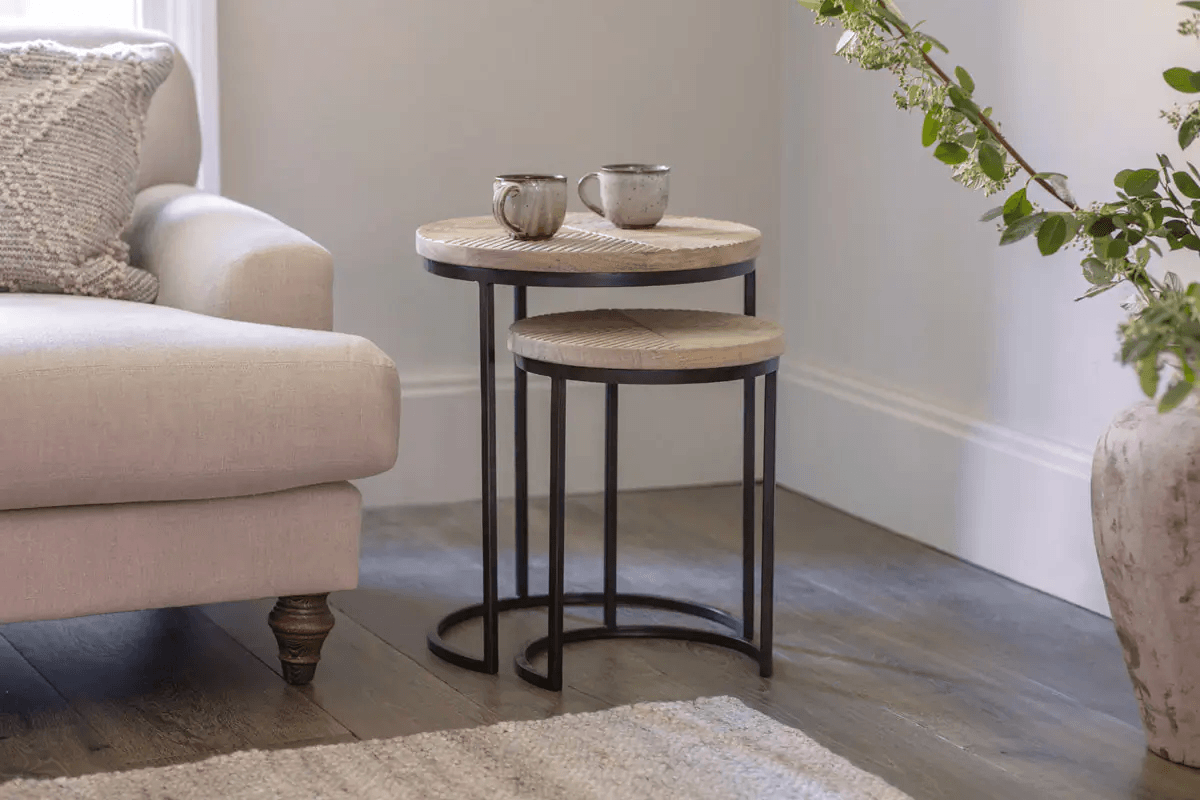 Nkuku - Aasha Carved Mango Wood & Iron Nesting Side Tables - Natural - (Set of 2)