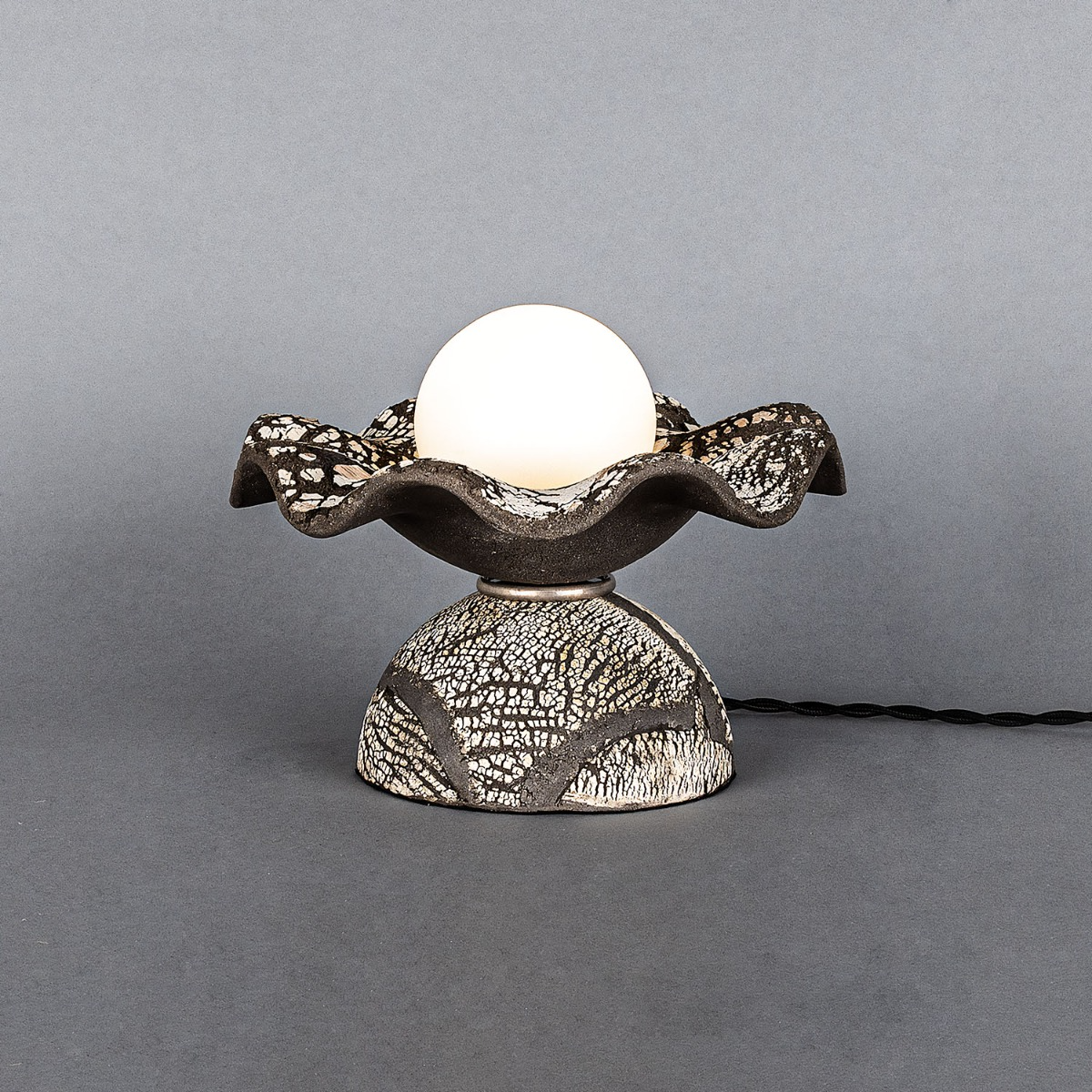 Mullan Rivale Table Lamp with Wavy Ceramic Shade Black Clay - Antique Silver Finish