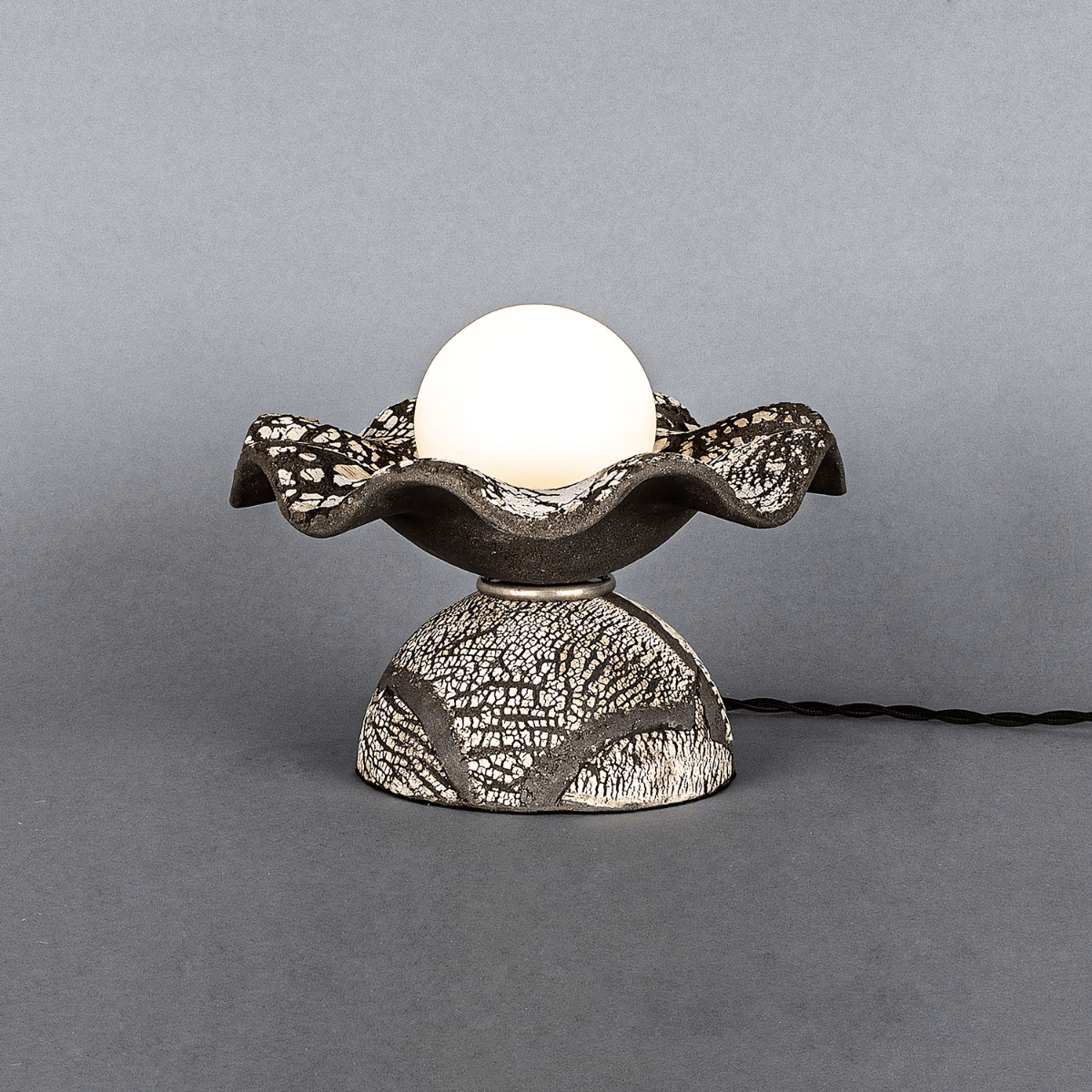 Mullan Rivale Table Lamp with Wavy Ceramic Shade Black Clay - Antique Silver Finish