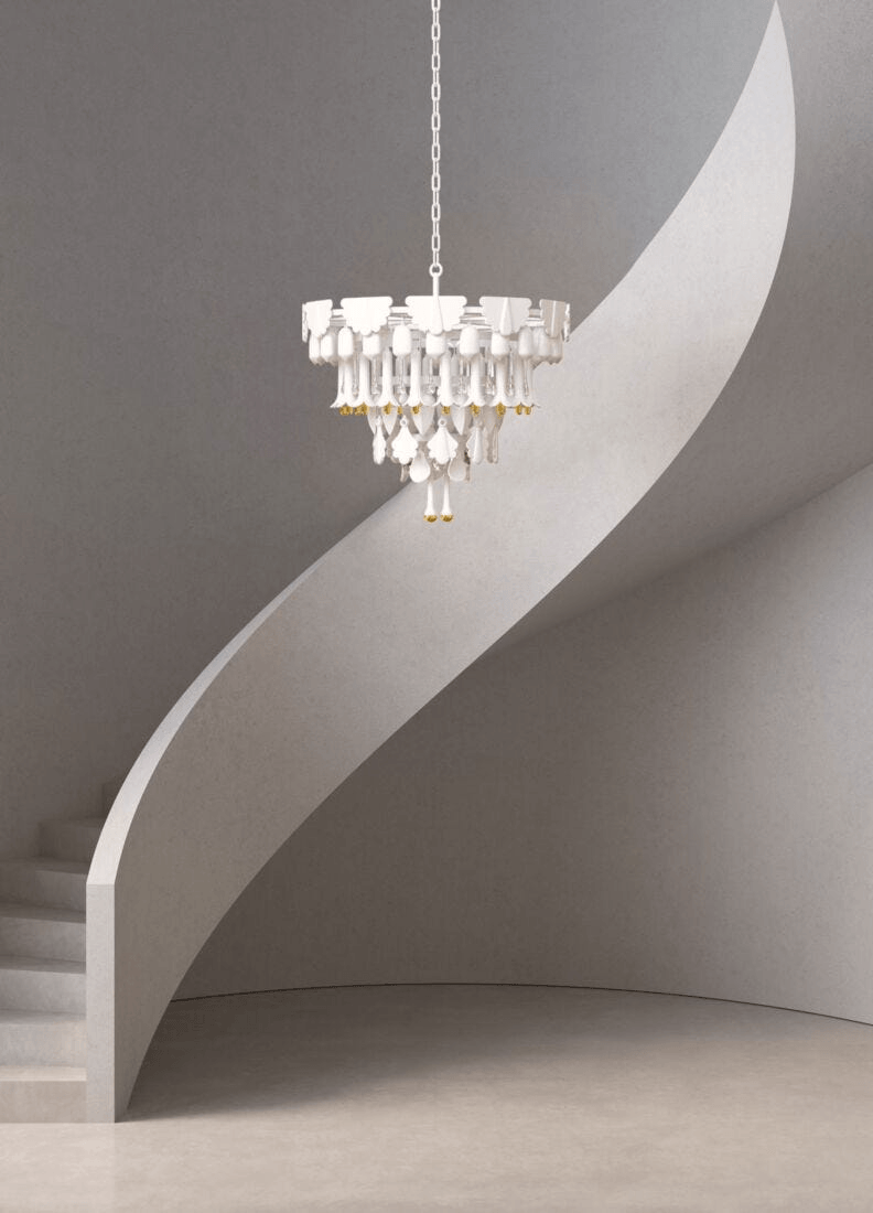 Lladró - Seasons Chandelier 70 - Sunrise hanging elegantly in a modern space with intricate porcelain design.