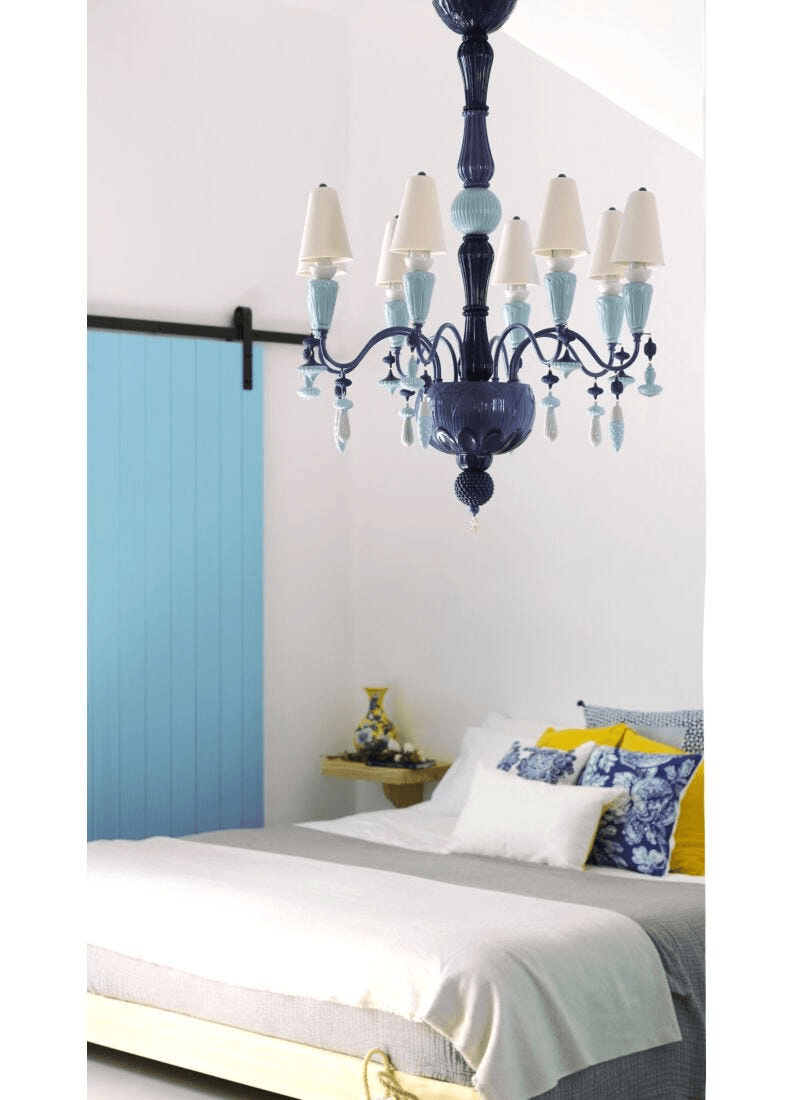 Lladró - Ivy and Seed 8 Lights Chandelier - Ocean in a beautiful bedroom setting.