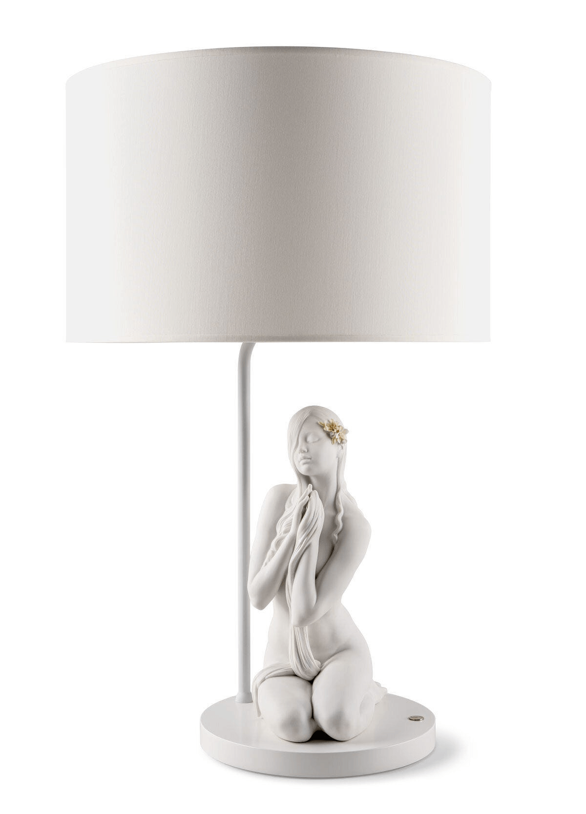 Lladró - Inner Peace Table lamp in matte white Lladro Porcelain, featuring a sculpted kneeling woman.