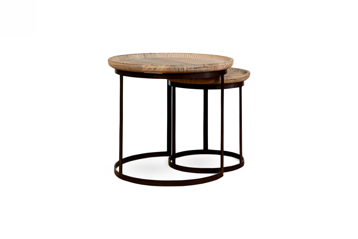 Nkuku - Nisha Carved Reclaimed Wood & Iron Nesting Side Tables - Natural
