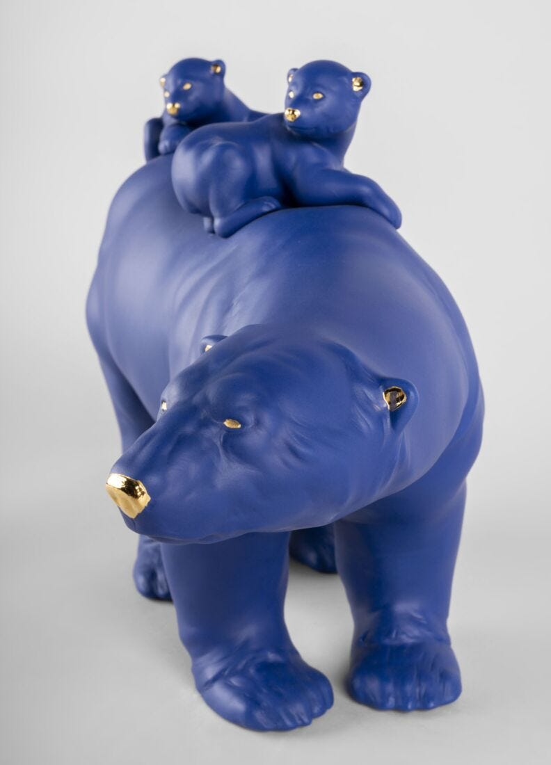 Lladró - Mummy Bear and Babies ( Blue-Gold ) Sculpture - Limited Edition
