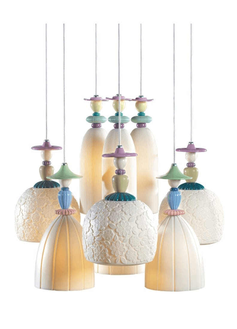 Lladró - Madermoiselle Chandelier - 9 Lights featuring colorful porcelain lamps and elegant design.