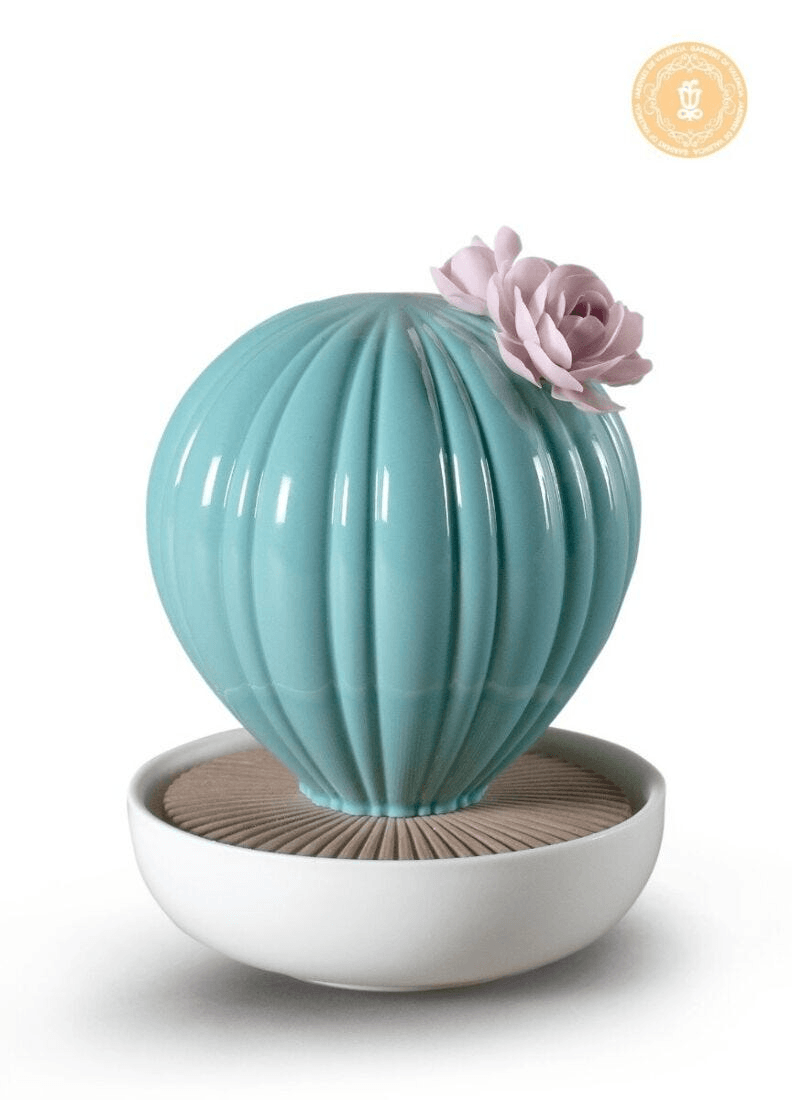 Lladró - Ferocactus Cactus Diffuser - Gardens of Valencia Scent, handcrafted porcelain diffuser with floral accents.
