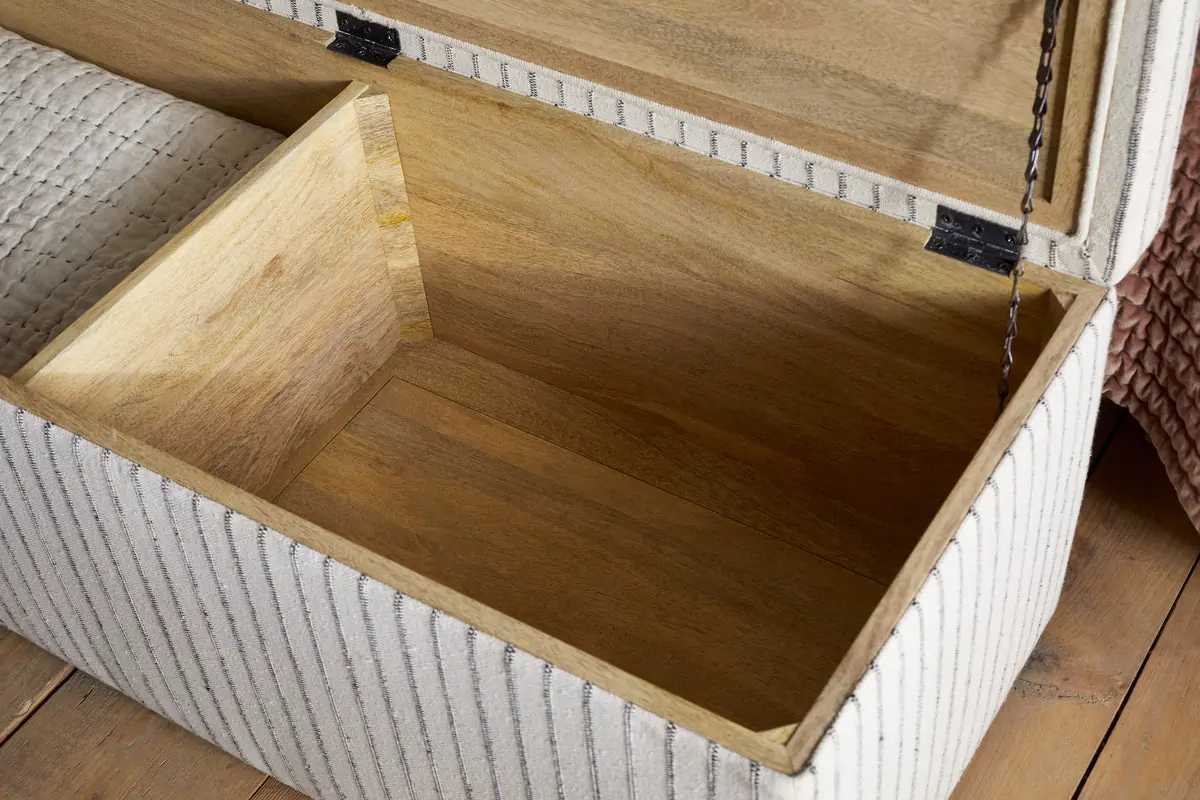 Nkuku - Sanja Stripe Cotton & Linen Upholstered Storage Bench - Grey