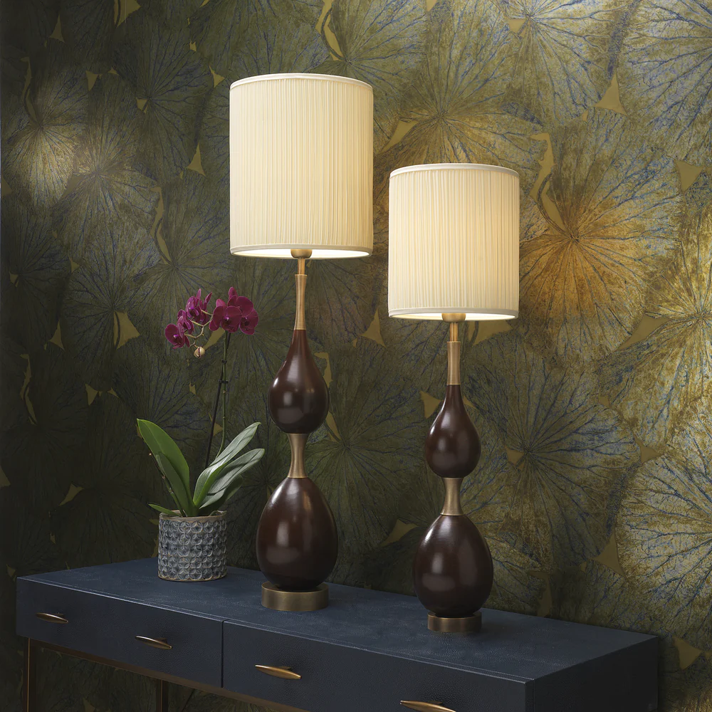 Northern Light - Taylor Table Lamp Large - Dark Oak Old English Brass Light Finish - 10" Slim Drum Cotton Ivory Pleat Shade