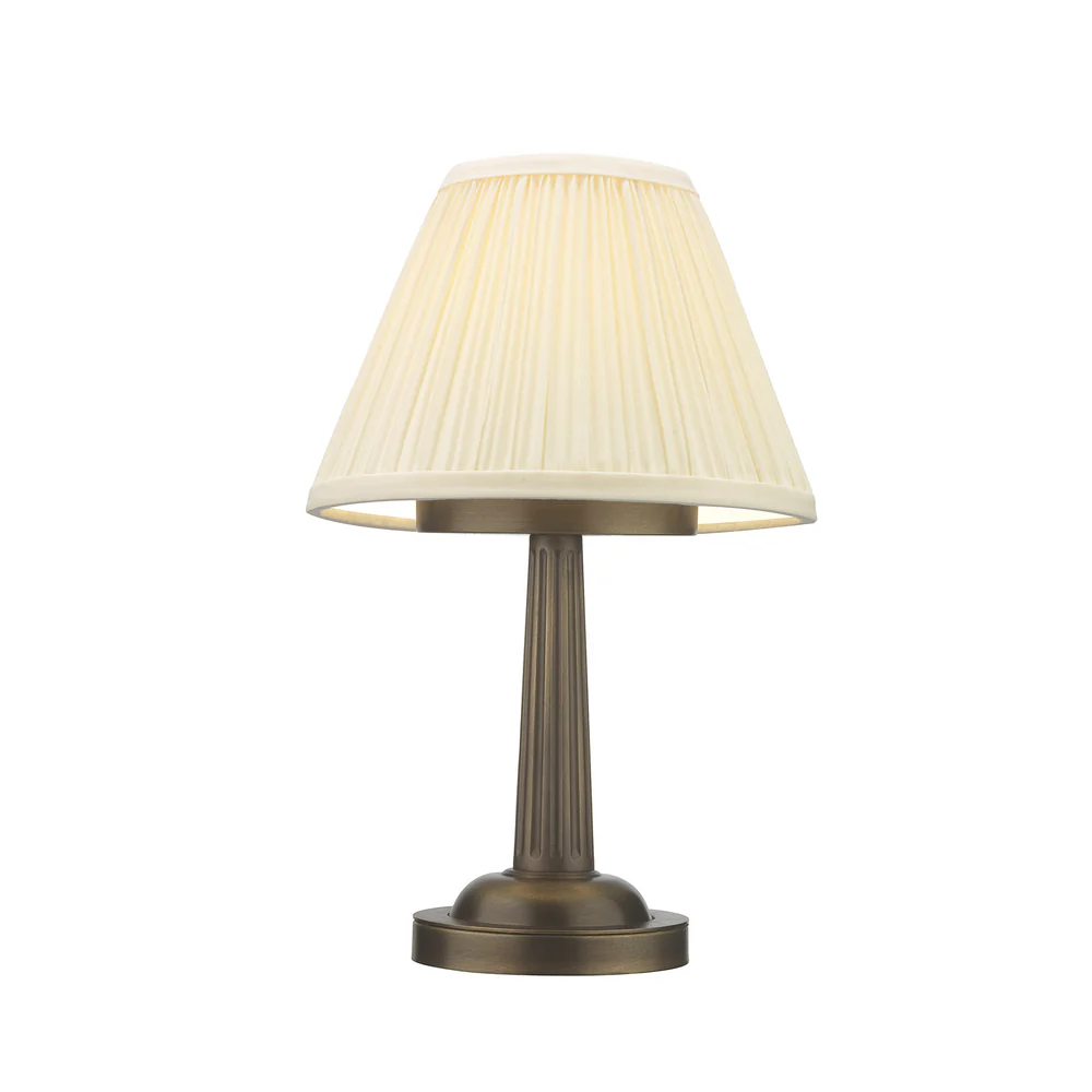 Northern Light - Lutton Rechargeable Table Lamp - Old English Brass Dark Finish - 7" Pleated Empire Ivory Cotton Shade