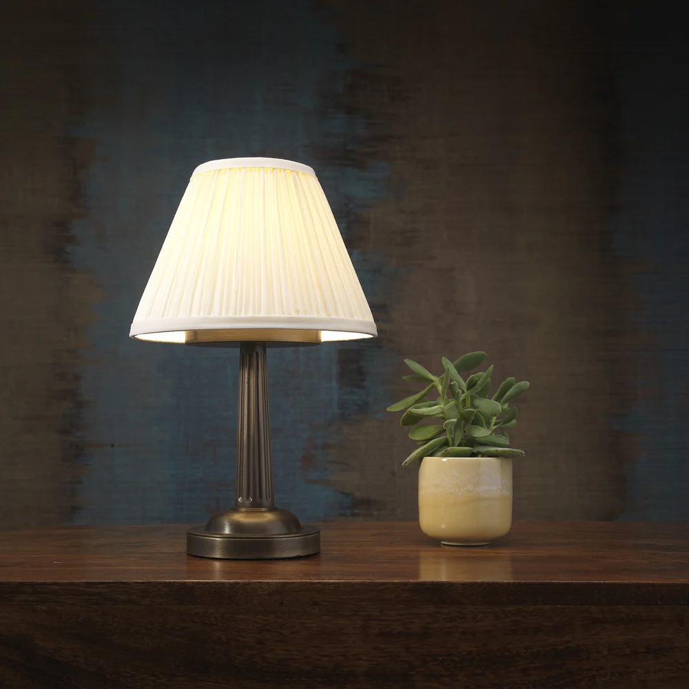 Northern Light - Lutton Rechargeable Table Lamp - Old English Brass Dark Finish - 7" Pleated Empire Ivory Cotton Shade