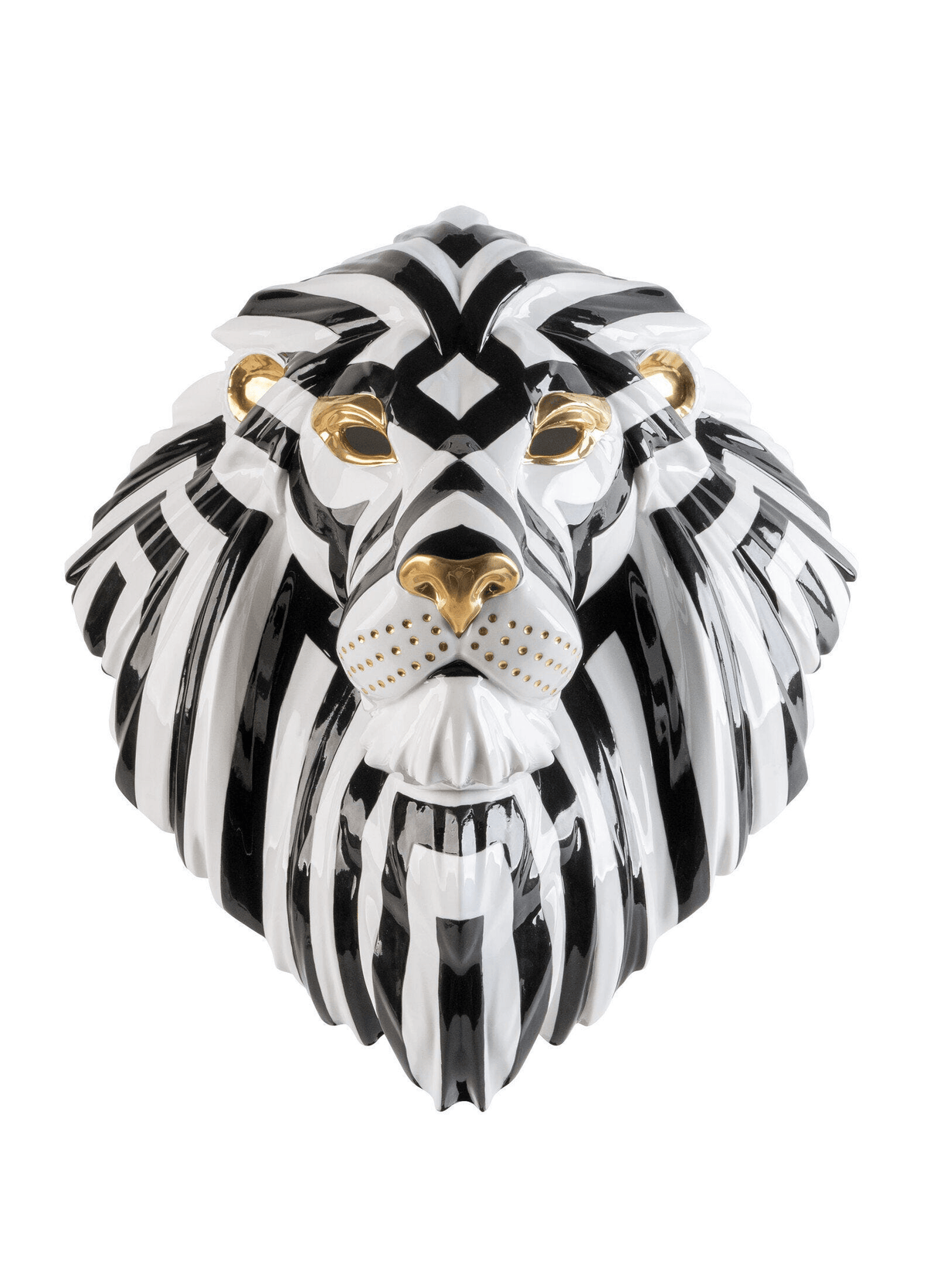 Lladró - Lion Mask - Black-Gold decorative porcelain lion sculpture in black and gold.