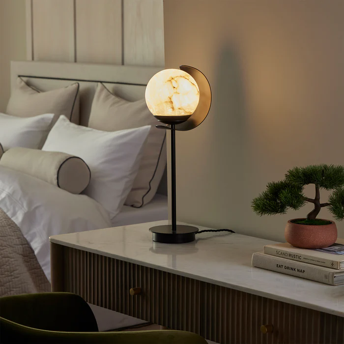 Northern Light - Callisto Alabaster Table Lamp - Matt Black Finish - White Alabaster Globe 150mm Shade