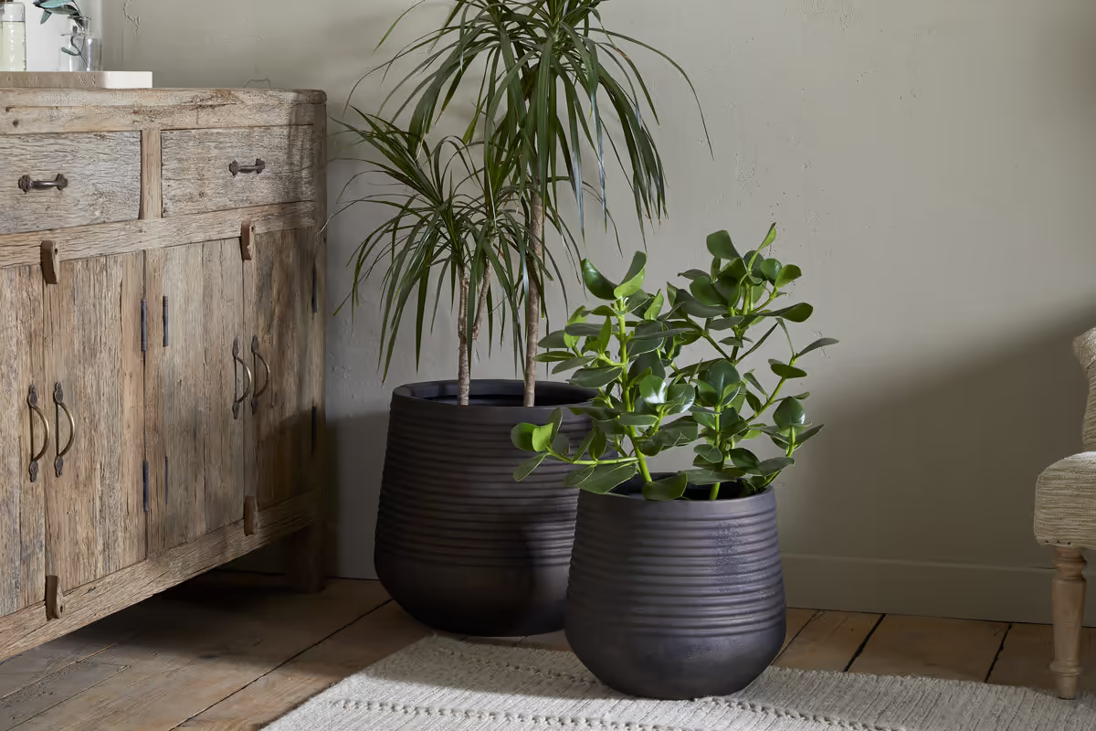 Nkuku - Lmaga Metal Grooved Planter - Aged Black - Large
