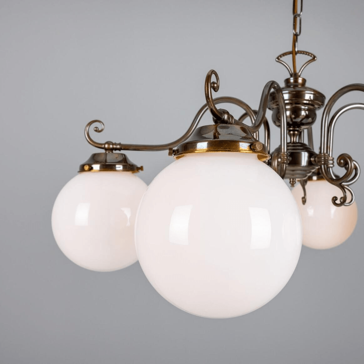 Mullan Eldron Traditional Chandelier with Opal Globes Three-Arm - Antique Brass Finish
