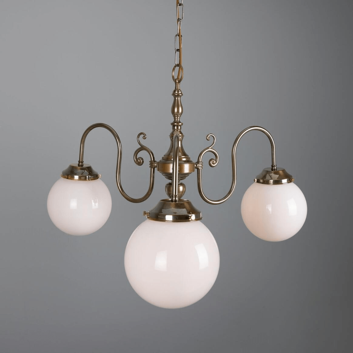 Mullan Eldron Traditional Chandelier with Opal Globes Three-Arm - Antique Brass Finish