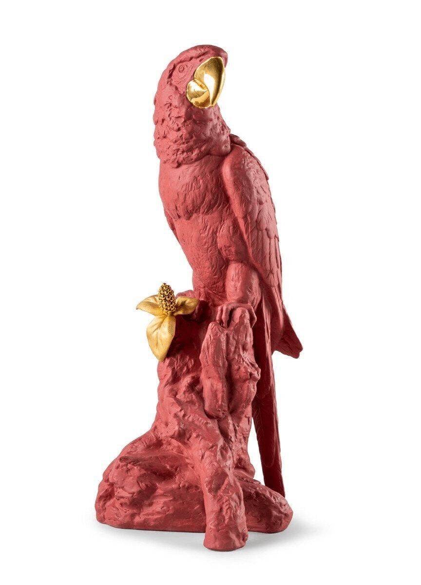 Lladró - Macaw Bird Sculpture - Red-Gold - Limited Edition handcrafted porcelain macaw with golden details