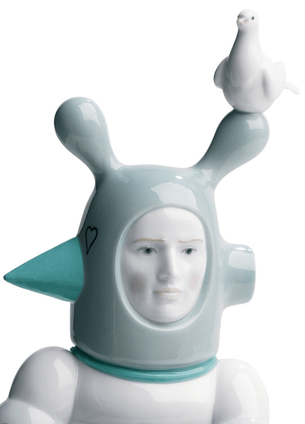 Lladró - The Lover I Sculpture featuring a porcelain figure with a unique design and a bird on its head.