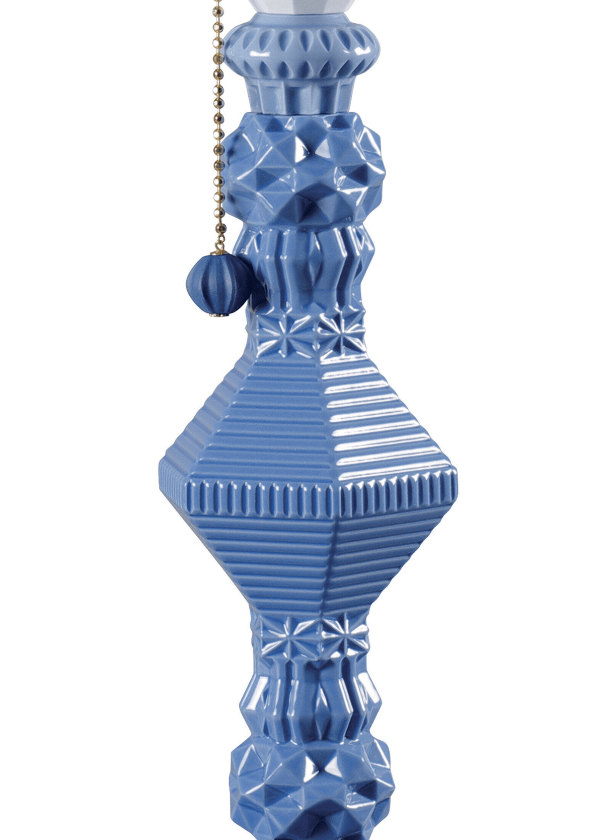 Lladro Porcelain detail of the Lladró - Belle de Nuit Table lamp - Blue with geometric texture and pull chain.