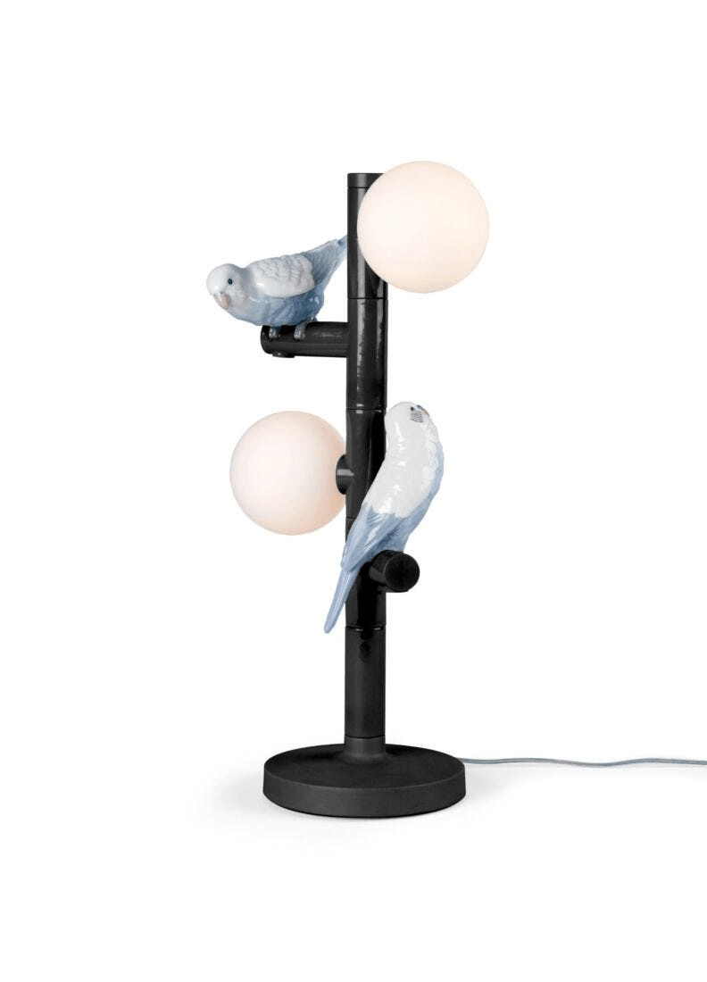 Lladró - Parrot Table Lamp - Black with decorative porcelain birds and glowing globes, perfect for modern interiors.