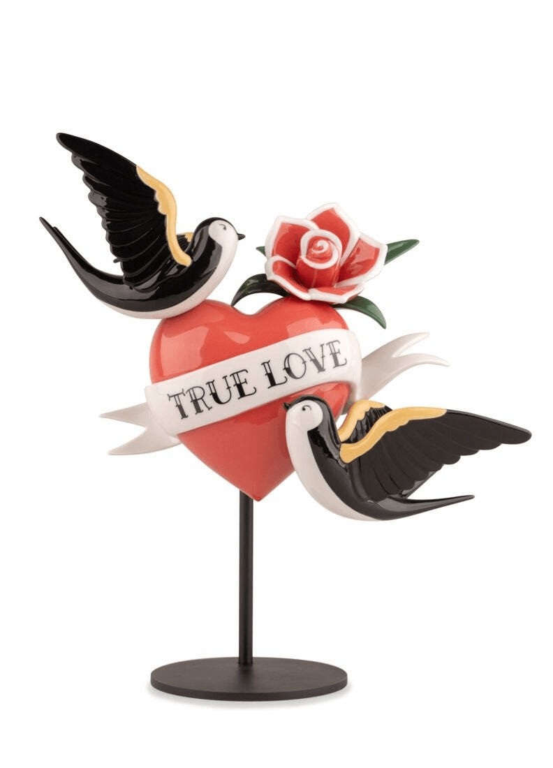 Lladró - True love Heart Figurine showcasing a red heart, black birds, and a rose, crafted in porcelain.